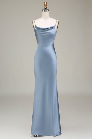 ZAPAKA Women Dusty Blue Satin Long Bridesmaid Dress Sheath Spaghetti Straps Wedding Guest Dress